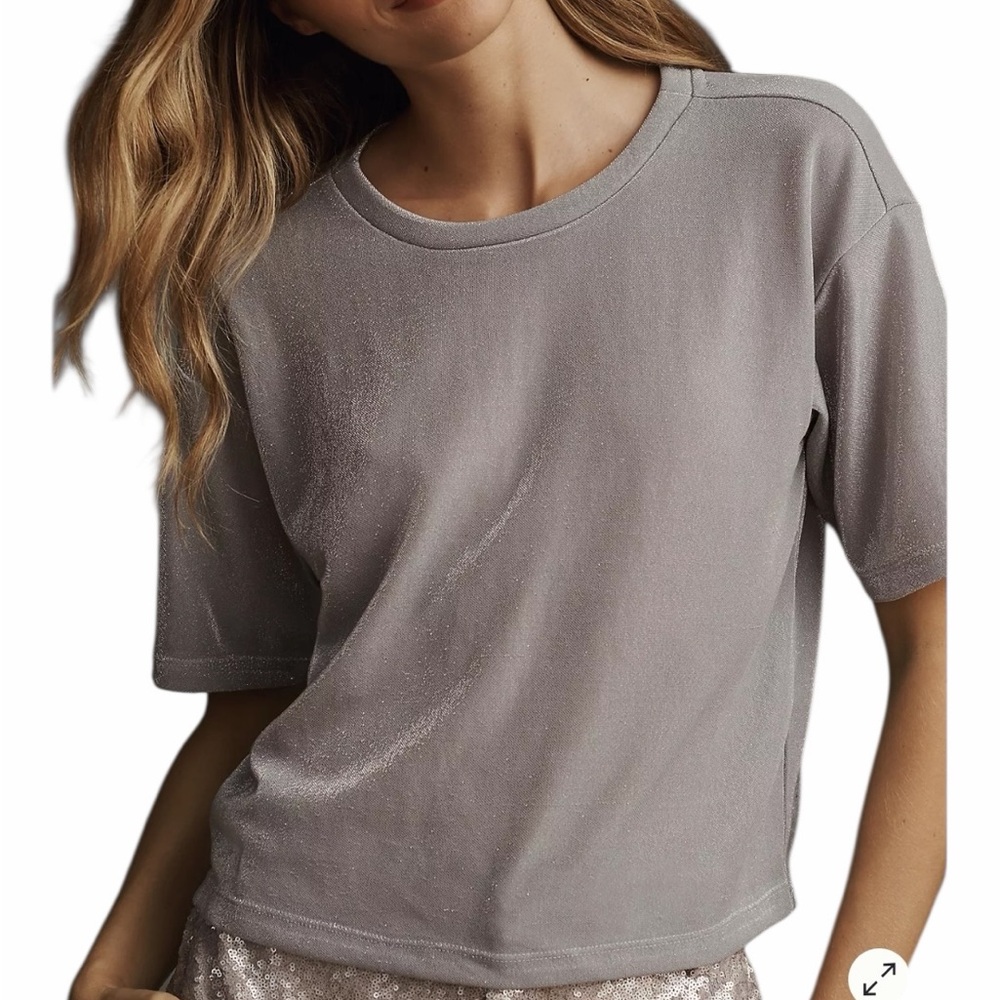 by Anthropologie "Shine" Silver Metallic Short Sleeve Cropped Tee M